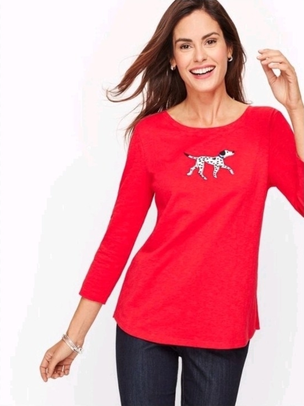Talbots Red Scoop Neck Dalmatian Embroidered Long Sleeve Tee